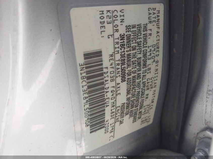 NISSAN VERSA 2009 VIN 3N1BC13E89L500908