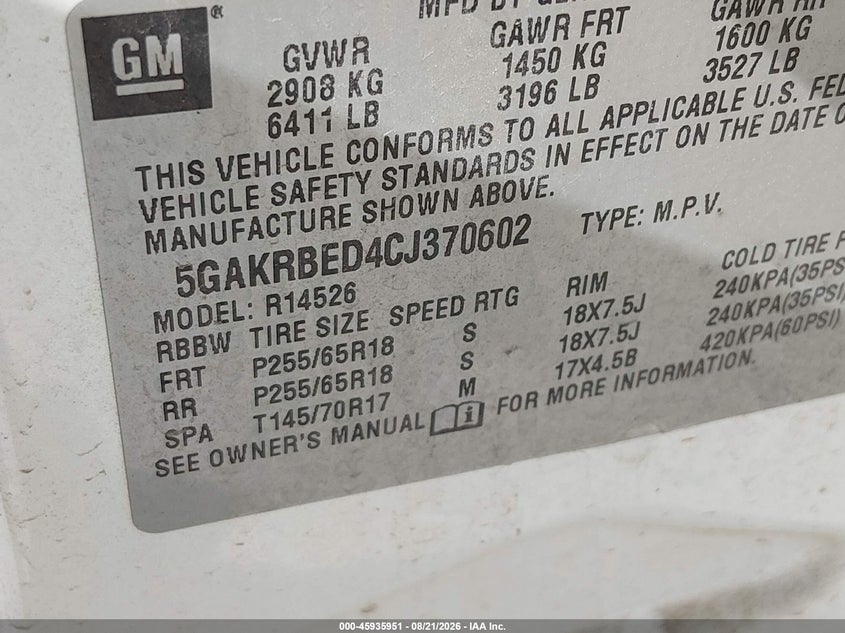 BUICK ENCLAVE 2012 VIN 5GAKRBED4CJ370602