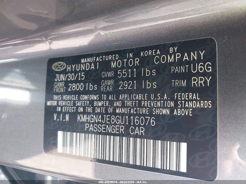 HYUNDAI GENESIS 2016 VIN KMHGN4JE8GU116076