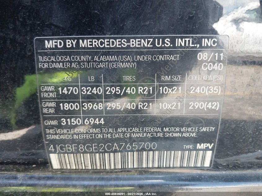 MERCEDES-BENZ GL 550 2012 VIN 4JGBF8GE2CA765700
