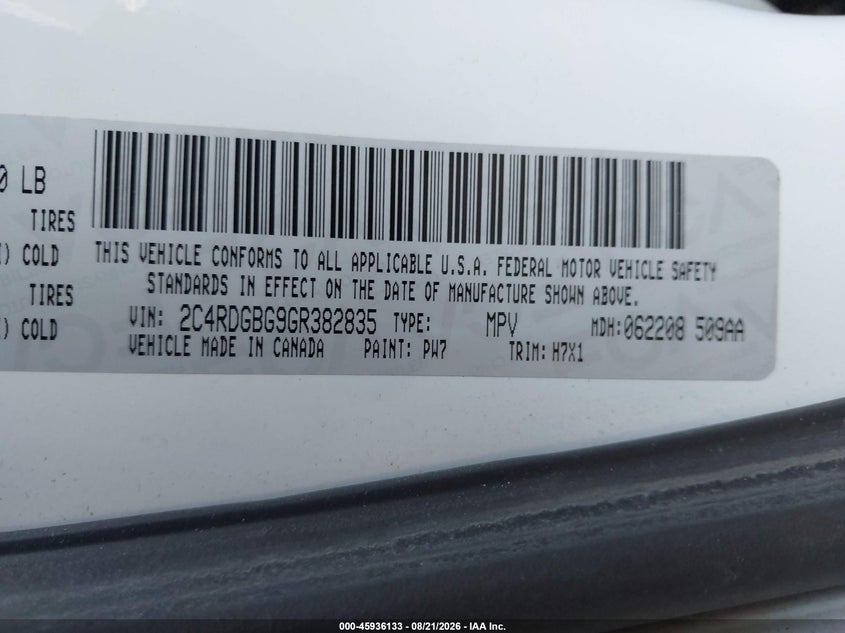 DODGE GRAND CARAVAN 2016 VIN 2C4RDGBG9GR382835