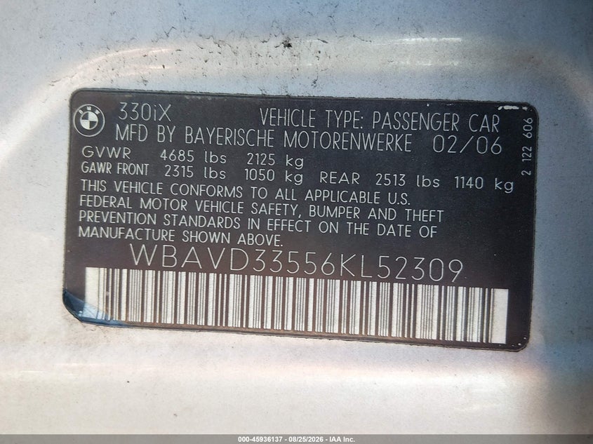 BMW 330XI 2006 VIN WBAVD33556KL52309