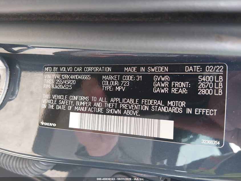 VOLVO XC60 2022 VIN YV4L12RK4N1046665