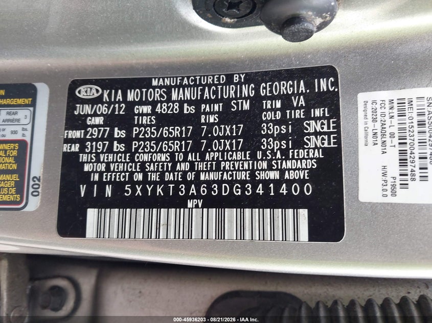 KIA SORENTO 2013 VIN 5XYKT3A63DG341400