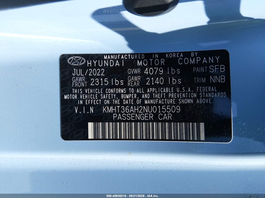 HYUNDAI VELOSTER N 2022 VIN KMHT36AH2NU015509