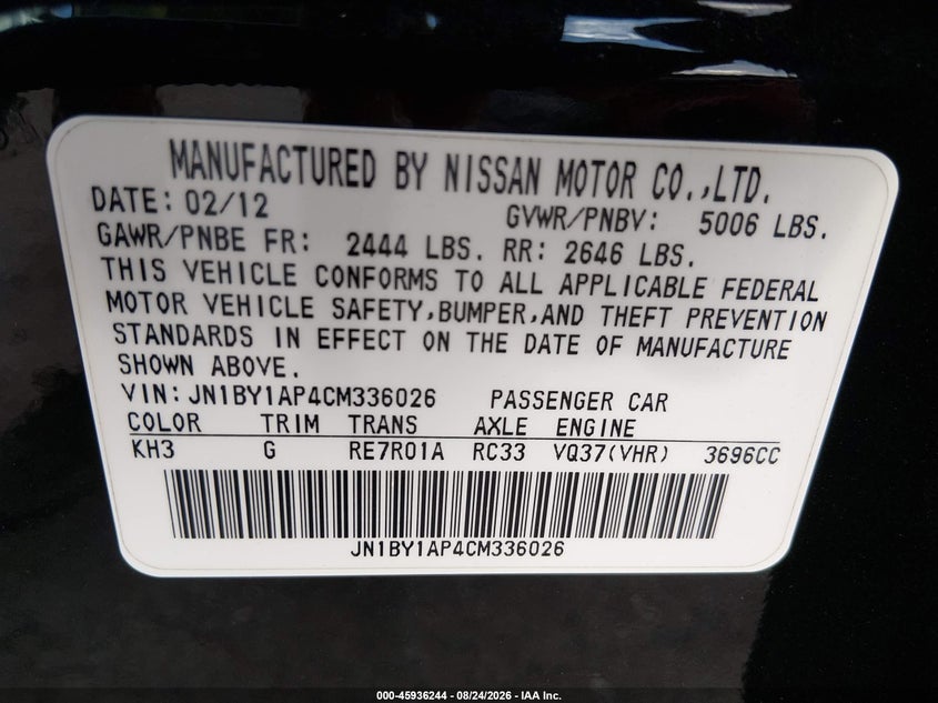 INFINITI M37 2012 VIN JN1BY1AP4CM336026