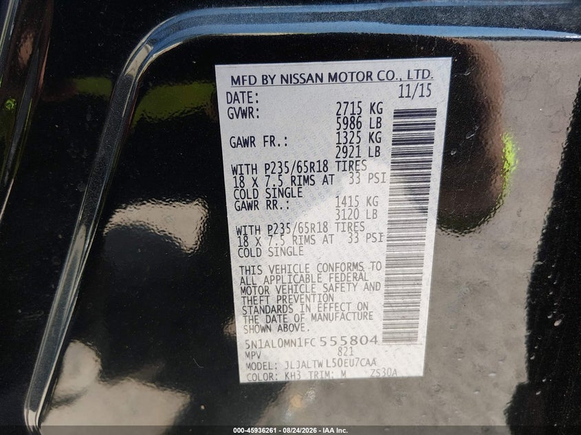 INFINITI QX60 2015 VIN 5N1AL0MN1FC555804
