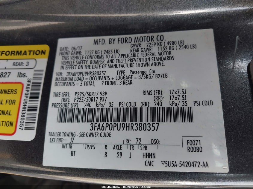 FORD FUSION ENERGI 2017 VIN 3FA6P0PU9HR380357