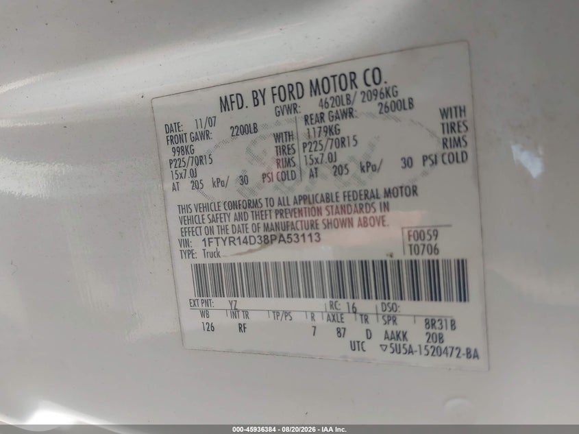 FORD RANGER 2008 VIN 1FTYR14D38PA53113