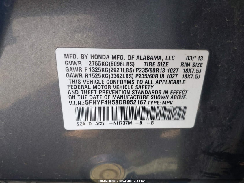 HONDA PILOT 2013 VIN 5FNYF4H58DB052167