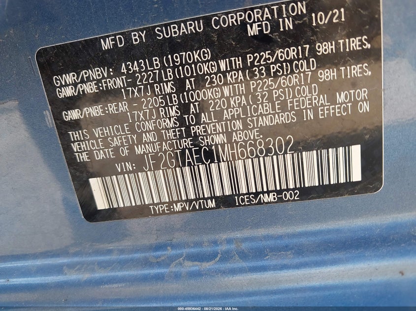 SUBARU CROSSTREK 2021 VIN JF2GTAEC1MH668302