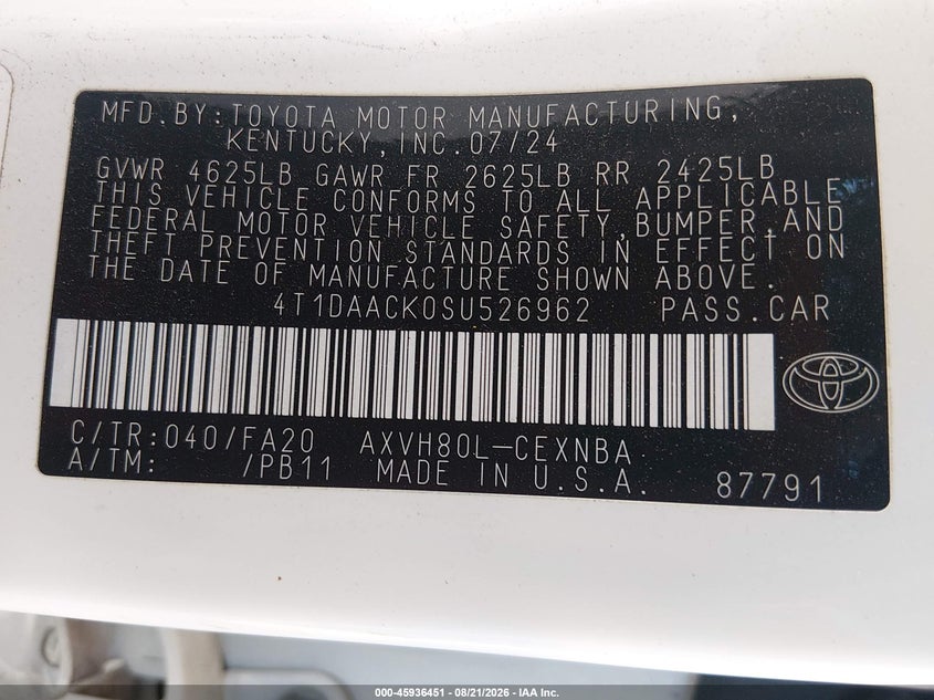 2025 TOYOTA CAMRY SEDAN 2.5L I-4 DI, DOHC, VVT, 184HP
