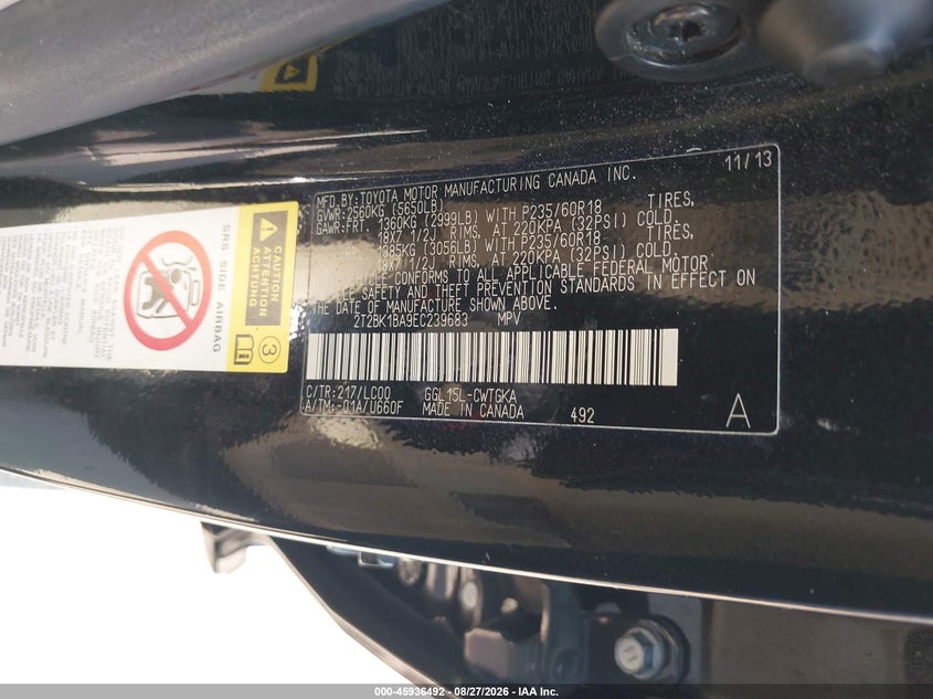 LEXUS RX 2014 VIN 2T2BK1BA9EC239683