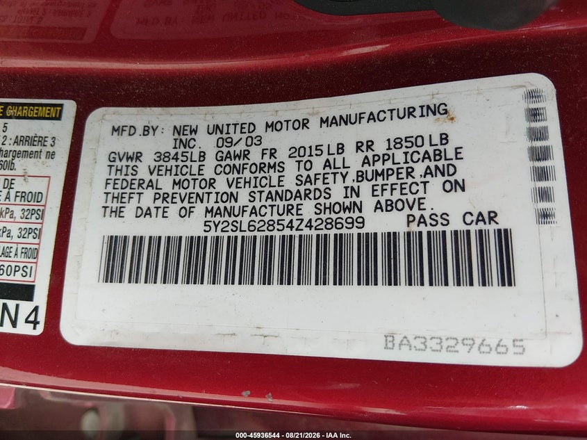 PONTIAC VIBE 2004 VIN 5Y2SL62854Z428699