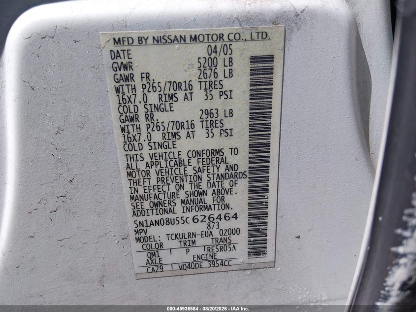 NISSAN XTERRA 2005 VIN 5N1AN08U55C626464