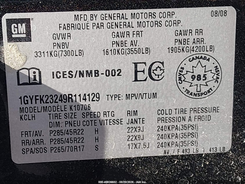CADILLAC ESCALADE 2009 VIN 1GYFK23249R114129