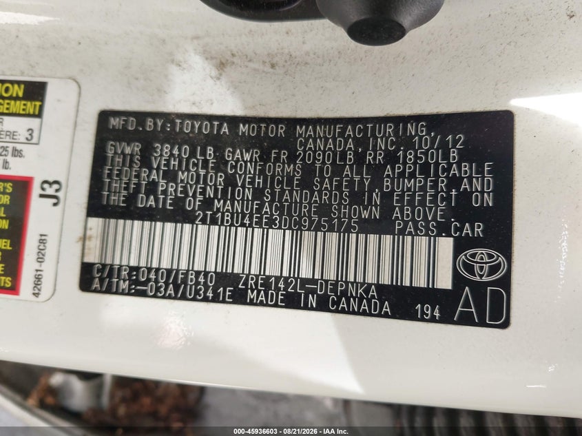 2013 TOYOTA COROLLA SEDAN 1.8L I-4 DOHC, VVT, 132HP