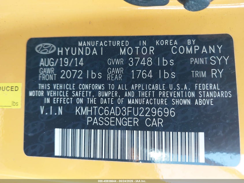 HYUNDAI VELOSTER 2015 VIN KMHTC6AD3FU229696