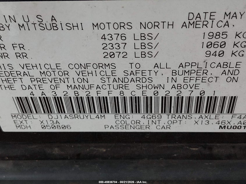 MITSUBISHI GALANT 2012 VIN 4A32B2FF8CE022701
