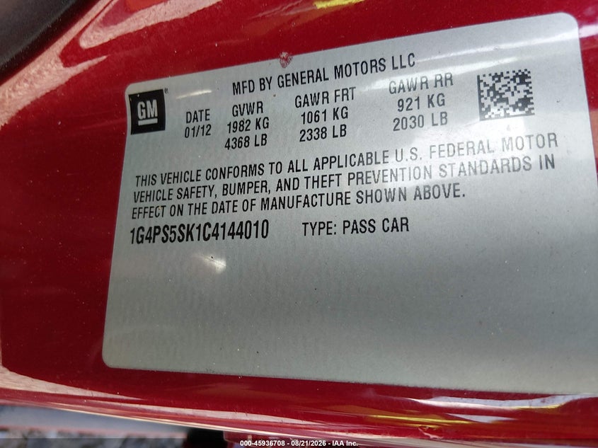 BUICK VERANO 2012 VIN 1G4PS5SK1C4144010