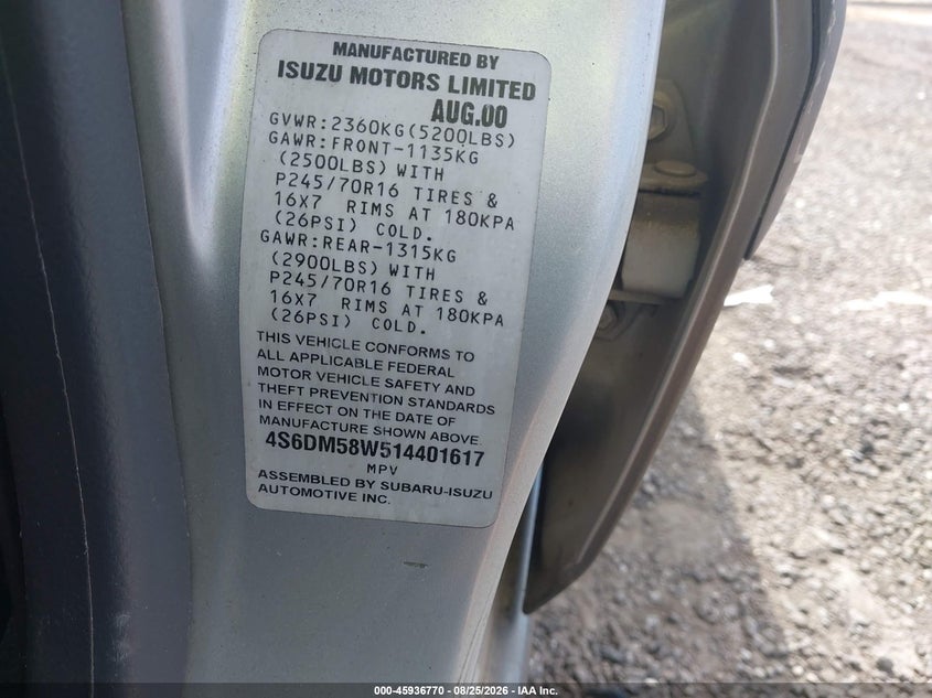 HONDA PASSPORT 2001 VIN 4S6DM58W514401617
