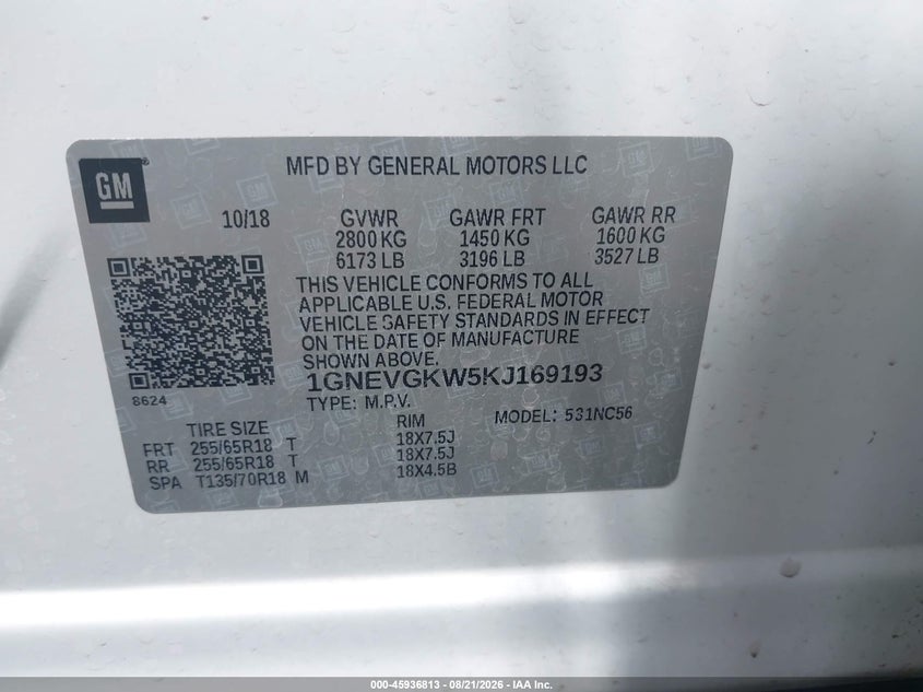 CHEVROLET TRAVERSE 2019 VIN 1GNEVGKW5KJ169193