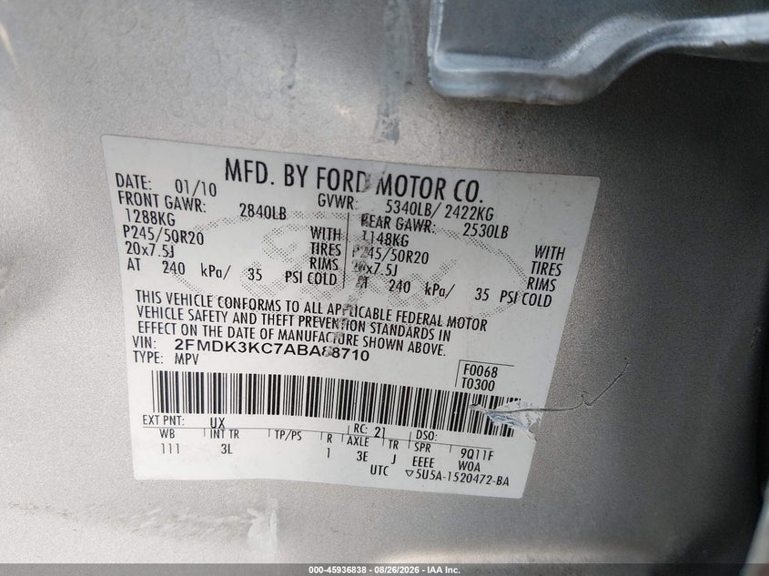 2010 FORD EDGE SPORT UTILITY VEHICLE 3.5L V-6 DOHC, VVT, 285HP