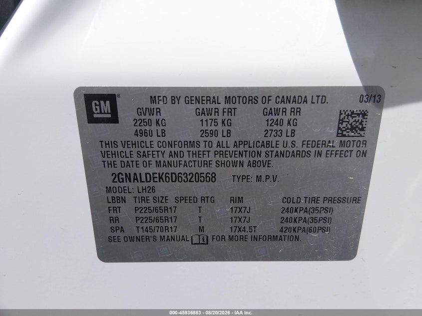 CHEVROLET EQUINOX 2013 VIN 2GNALDEK6D6320568