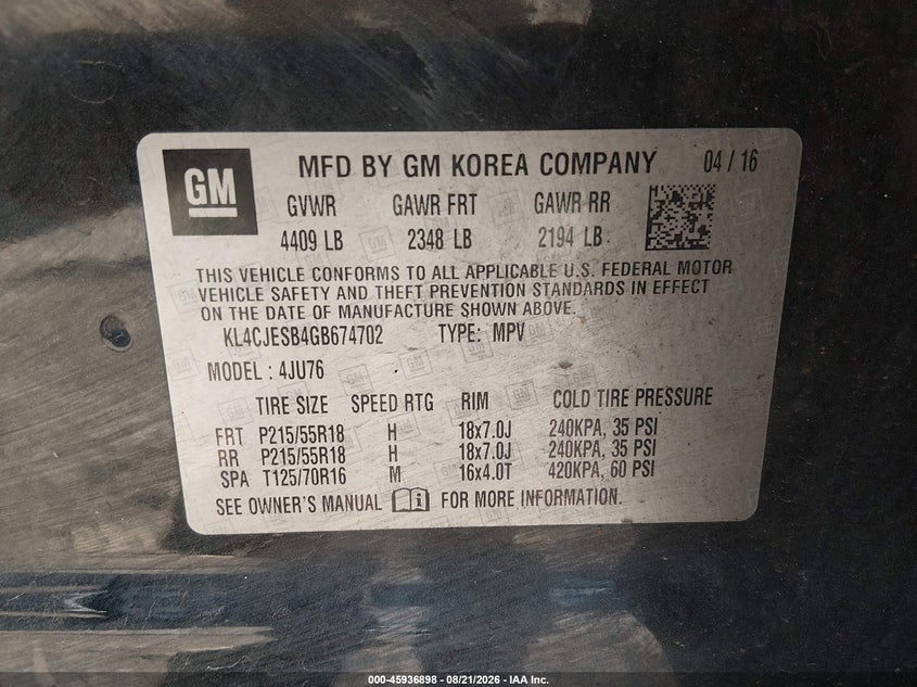 BUICK ENCORE 2016 VIN KL4CJESB4GB674702