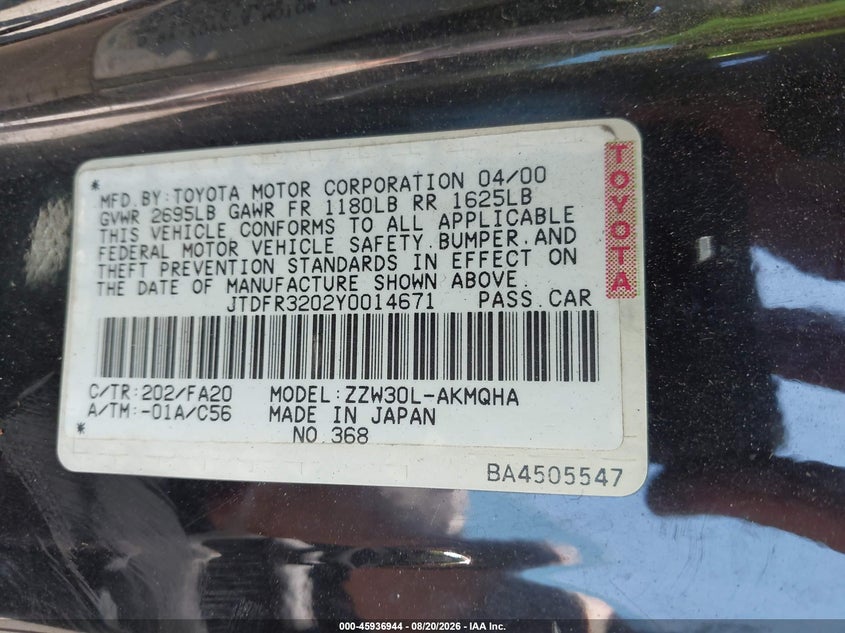 TOYOTA MR2 SPYDER 2000 VIN JTDFR3202Y0014671
