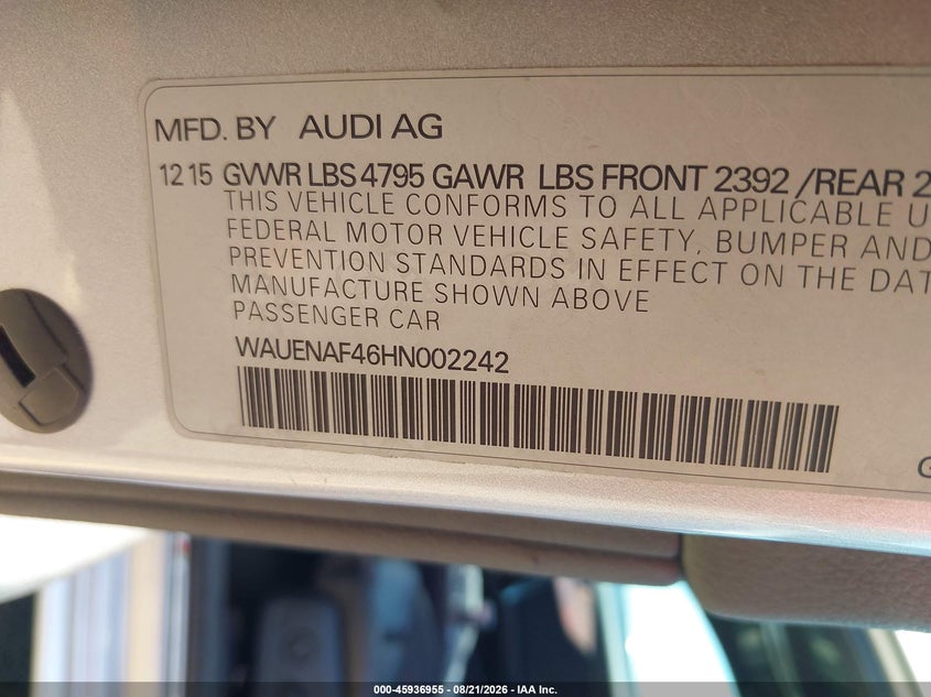 AUDI A4 2017 VIN WAUENAF46HN002242