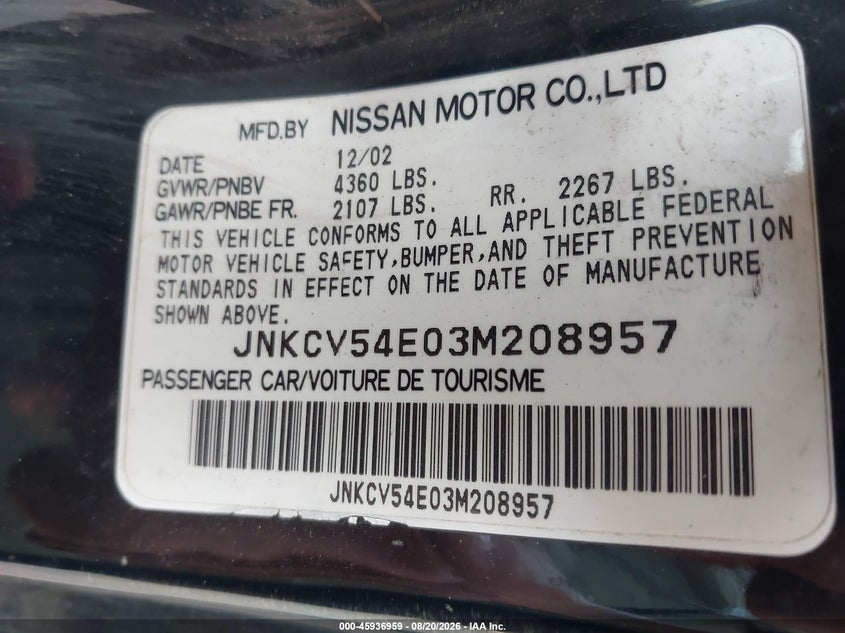 INFINITI G35 2003 VIN JNKCV54E03M208957