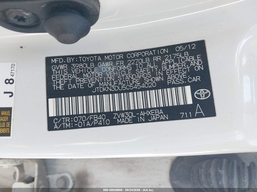 TOYOTA PRIUS 2012 VIN JTDKN3DU5C5454020