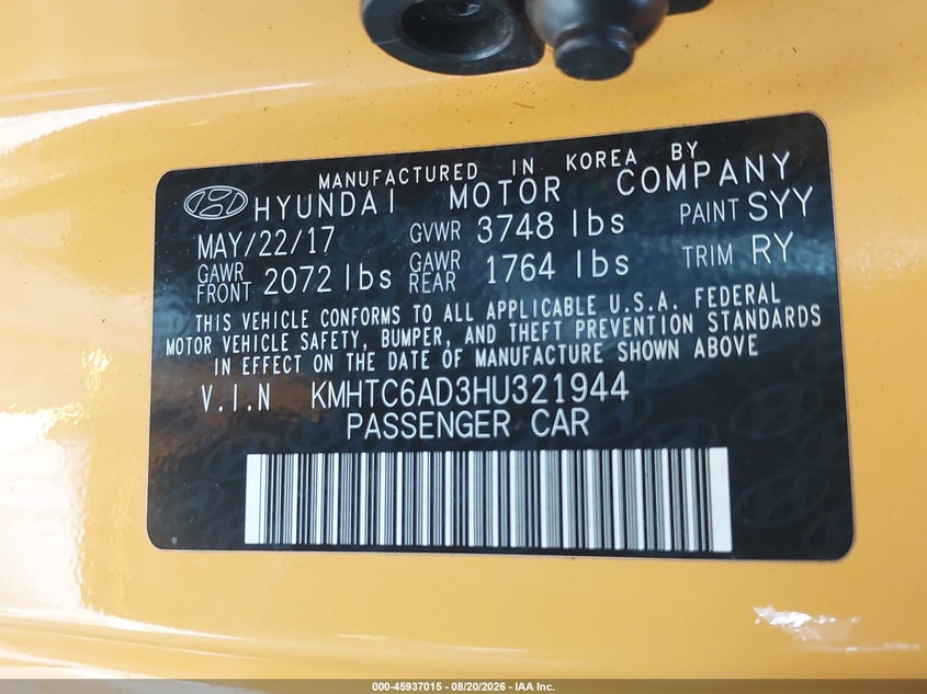 HYUNDAI VELOSTER 2017 VIN KMHTC6AD3HU321944