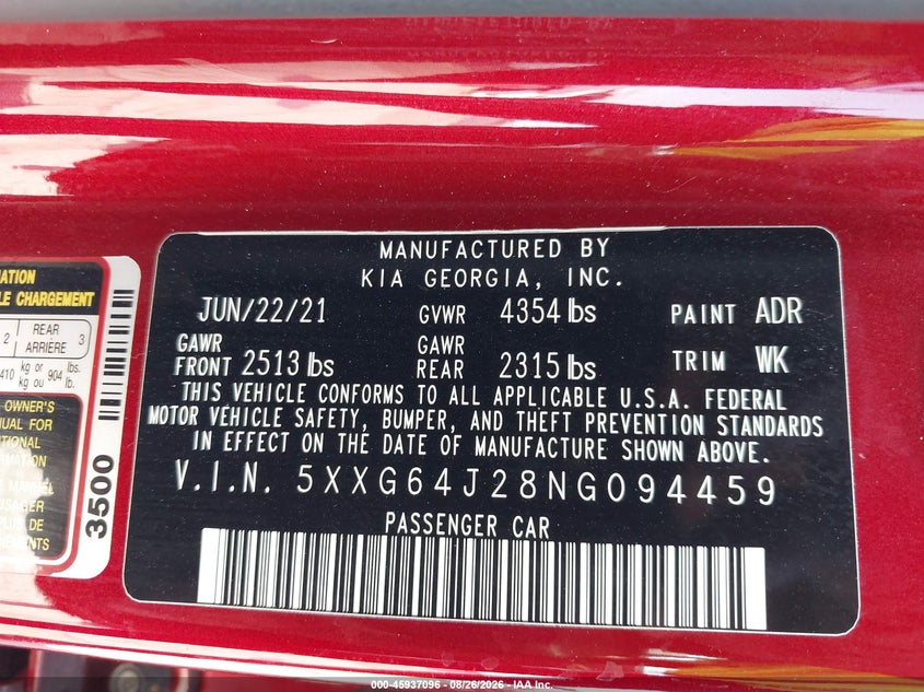 KIA K5 2022 VIN 5XXG64J28NG094459