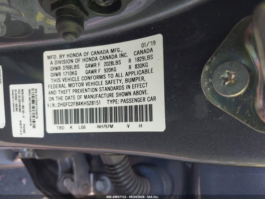2019 HONDA CIVIC SEDAN 2.0L I-4 DOHC, VVT, 158HP