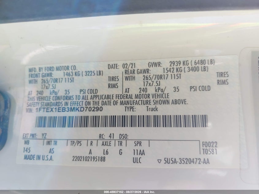 2021 FORD F-150 PICKUP 3.3L V-6 DI, DOHC, VVT, 290HP
