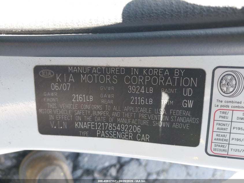 KIA SPECTRA 2008 VIN KNAFE121785492206