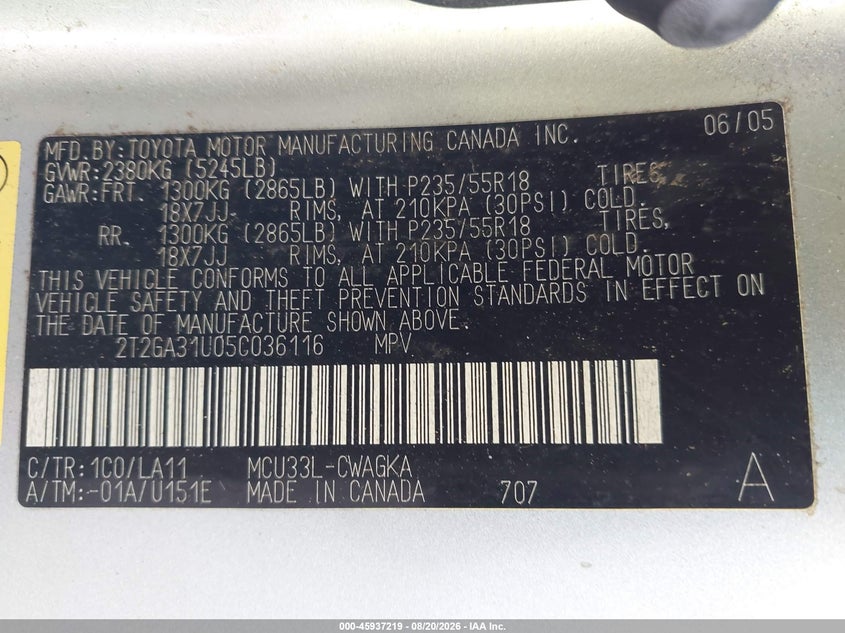 LEXUS RX 330 2005 VIN 2T2GA31U05C036116