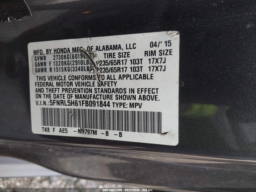 HONDA ODYSSEY 2015 VIN 5FNRL5H61FB091844