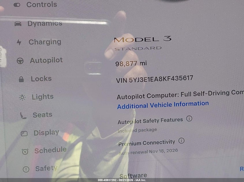 TESLA MODEL 3 2019 VIN 5YJ3E1EA8KF435617