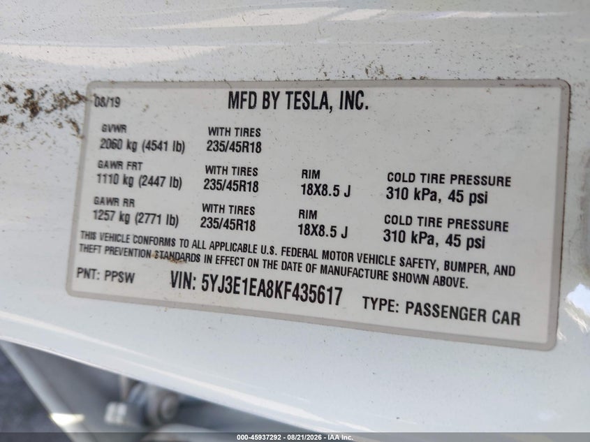 TESLA MODEL 3 2019 VIN 5YJ3E1EA8KF435617