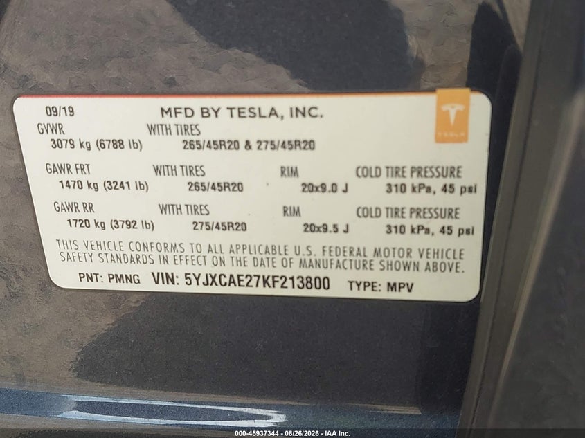 TESLA MODEL X 2019 VIN 5YJXCAE27KF213800