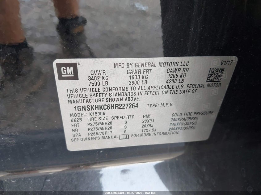 CHEVROLET SUBURBAN 2017 VIN 1GNSKHKC6HR227264