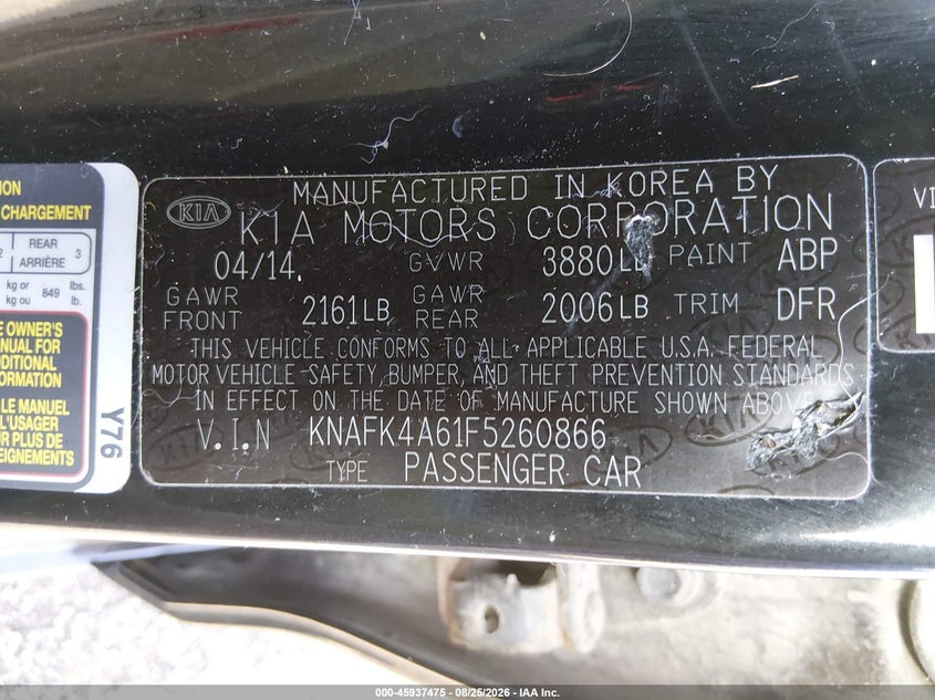 KIA FORTE 2015 VIN KNAFK4A61F5260866