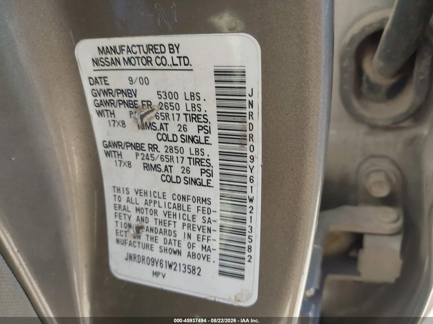 INFINITI QX4 2001 VIN JNRDR09Y61W213582