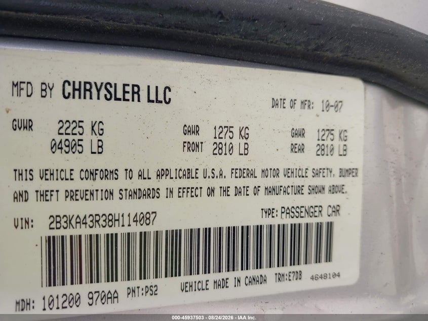 DODGE CHARGER 2008 VIN 2B3KA43R38H114087