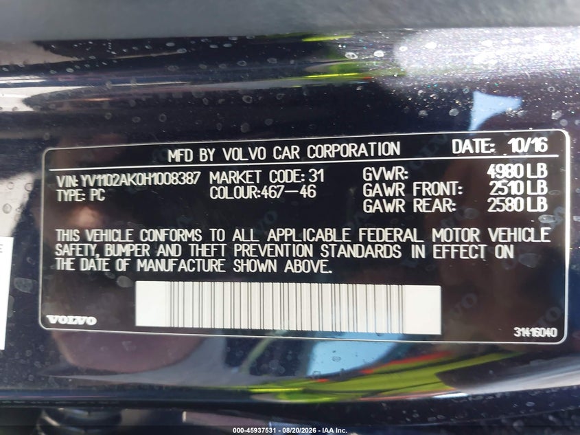 VOLVO S90 2017 VIN YV1102AK0H1008387