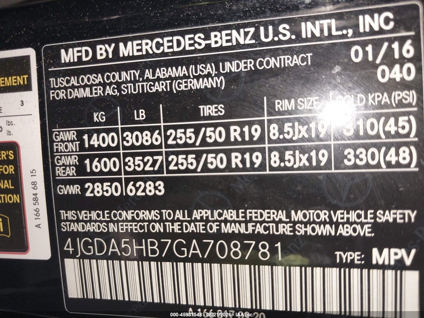 MERCEDES-BENZ GLE 350 2016 VIN 4JGDA5HB7GA708781