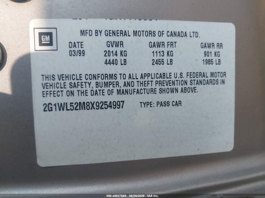 CHEVROLET LUMINA 1999 VIN 2G1WL52M8X9254997